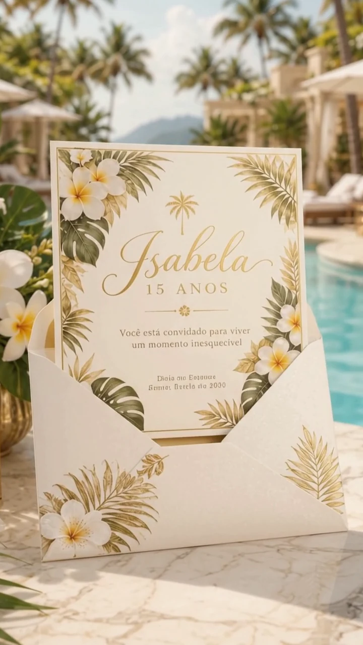 Convite de 15 anos de Isabela aberto ao lado da piscina