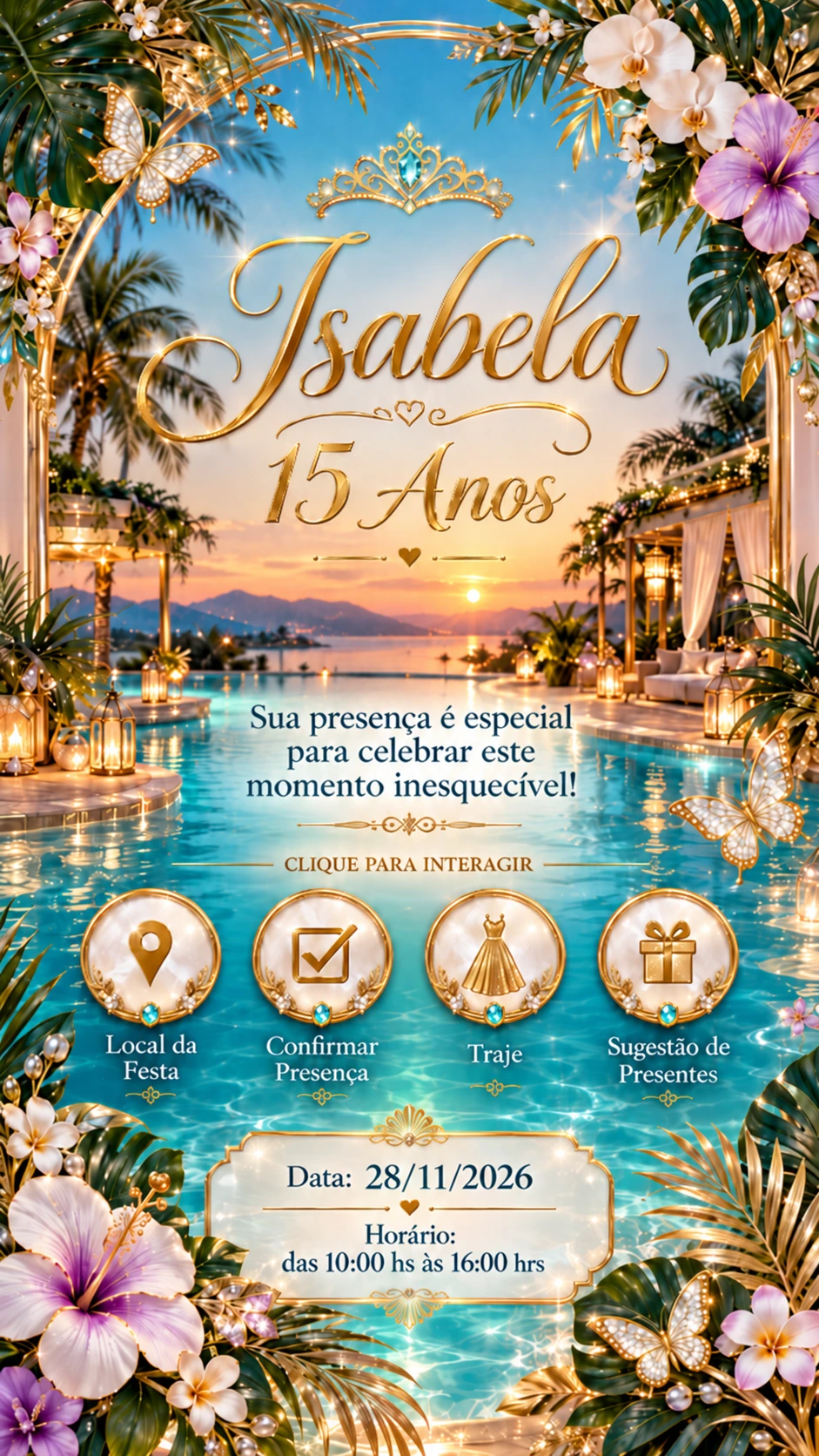 Convite completo dos 15 anos de Isabela com as informações da festa