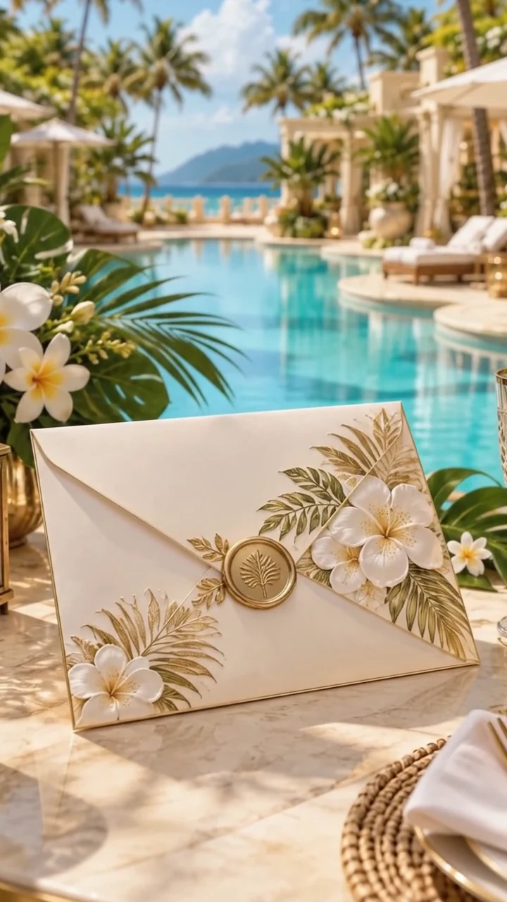 Envelope fechado sobre uma mesa ao lado da piscina