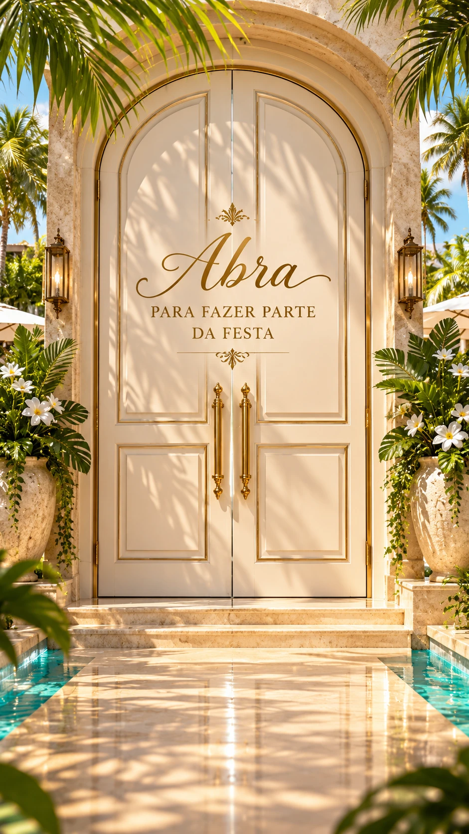 Porta tropical de um resort brasileiro com a frase Abra para fazer parte da festa